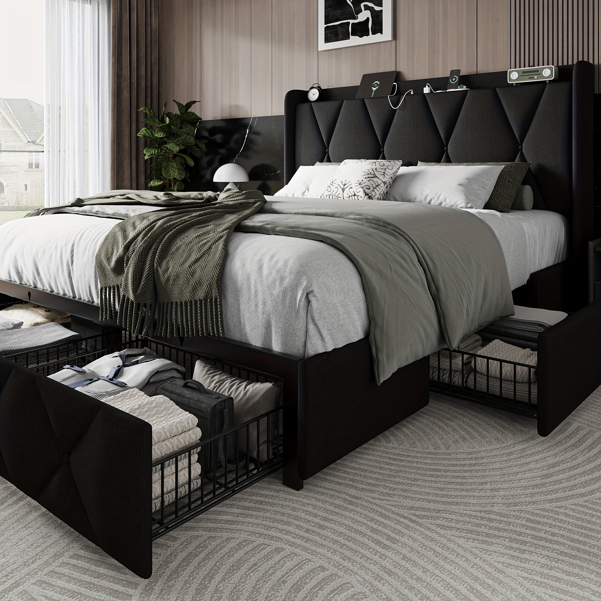 4 drawers storage bed frame wingback headboard