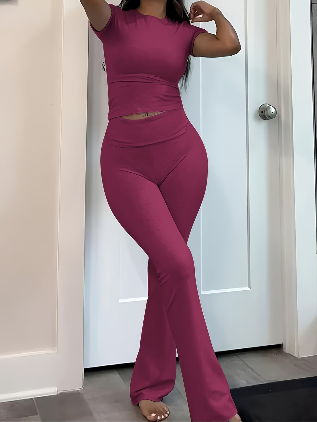 casual solid color   two piece pants set short sleeve