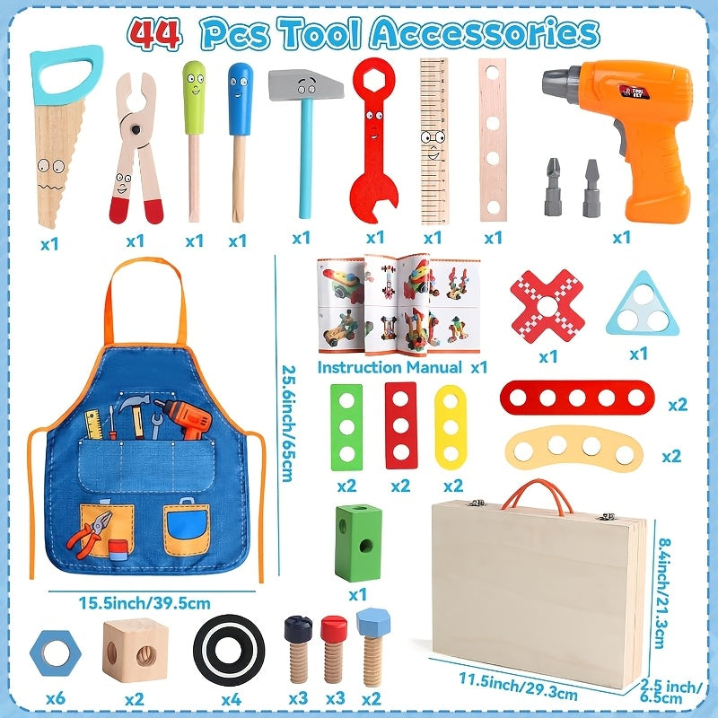 44pcs wooden kids tool set electric drill apron storage box