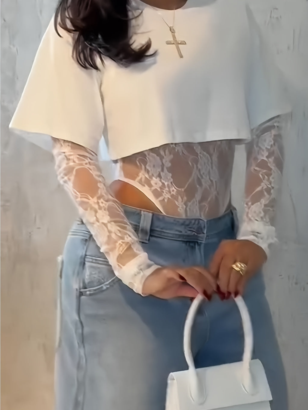 long sleeve irregular t shirt top lace jumpsuit women round