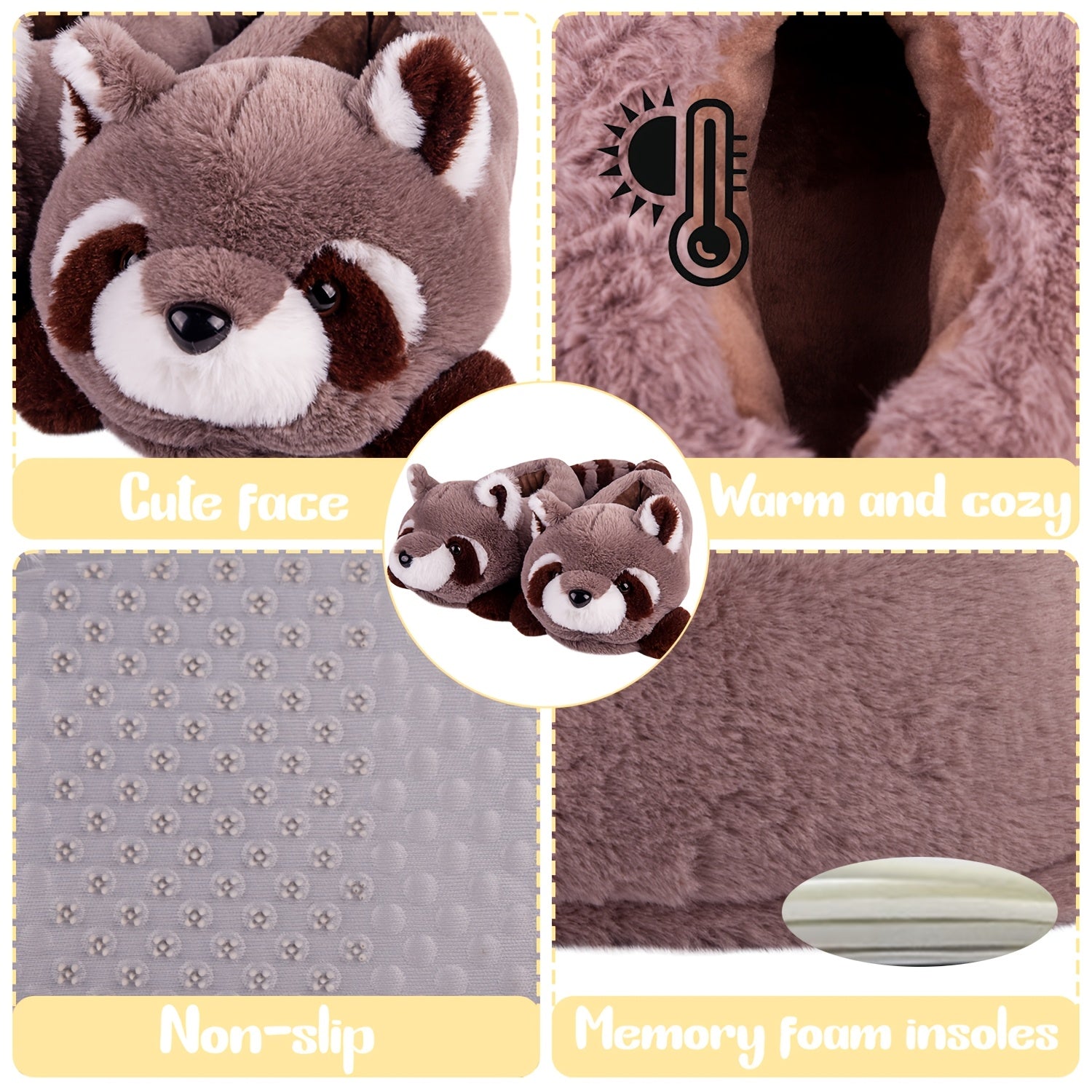 cute stuffed gray raccoon plush indoor slippers comfortable