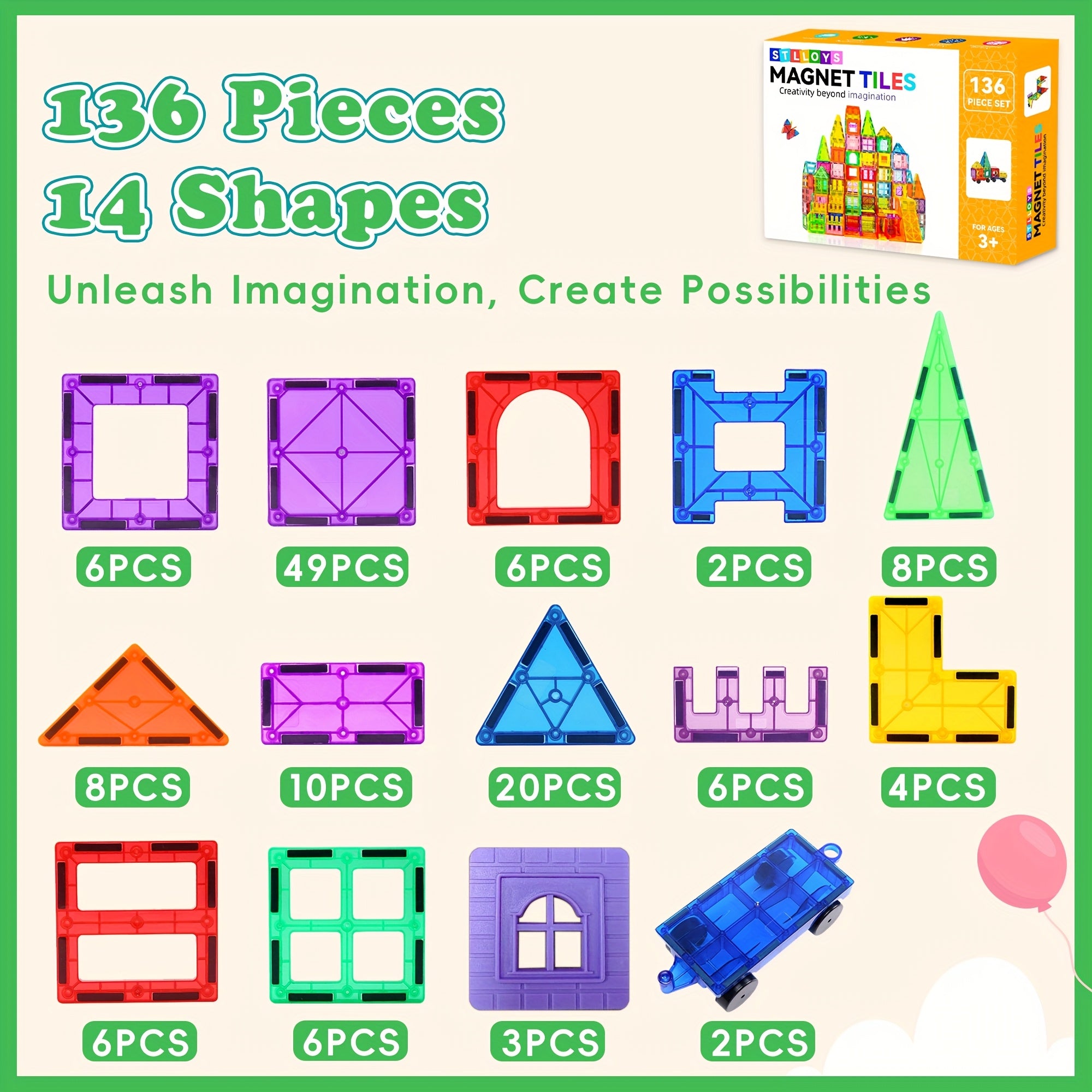 80 106 136pcs magnetic tiles kids magnetic building blocks 2