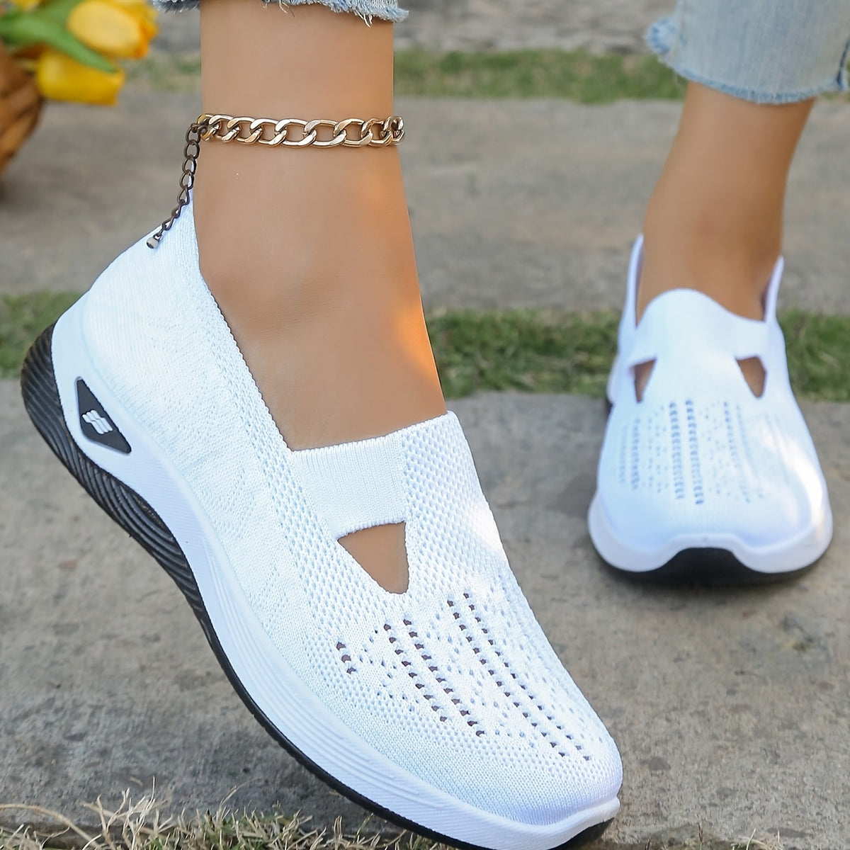 womens breathable knit wedge casual shoes hollow cut