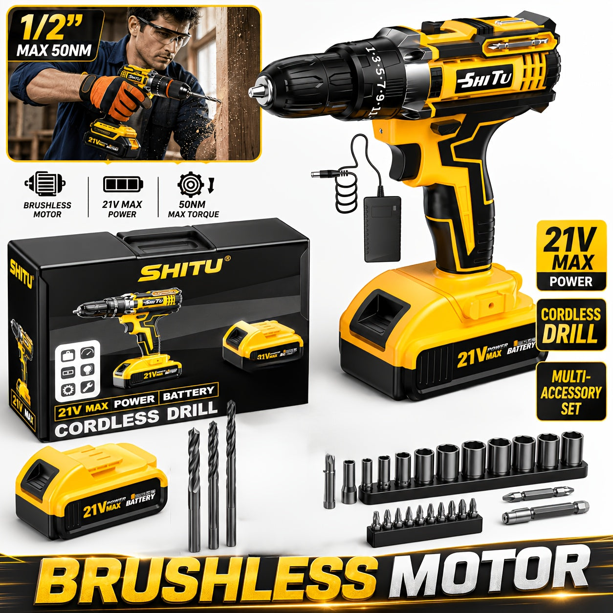 2026 21v cordless drill kit tool box fast charging