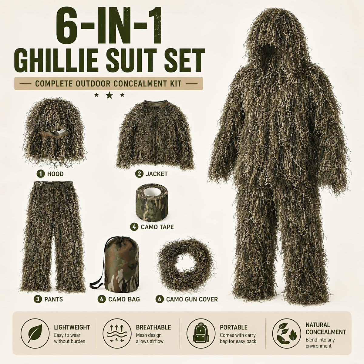6 in 1   ghillie suit polyester   desert