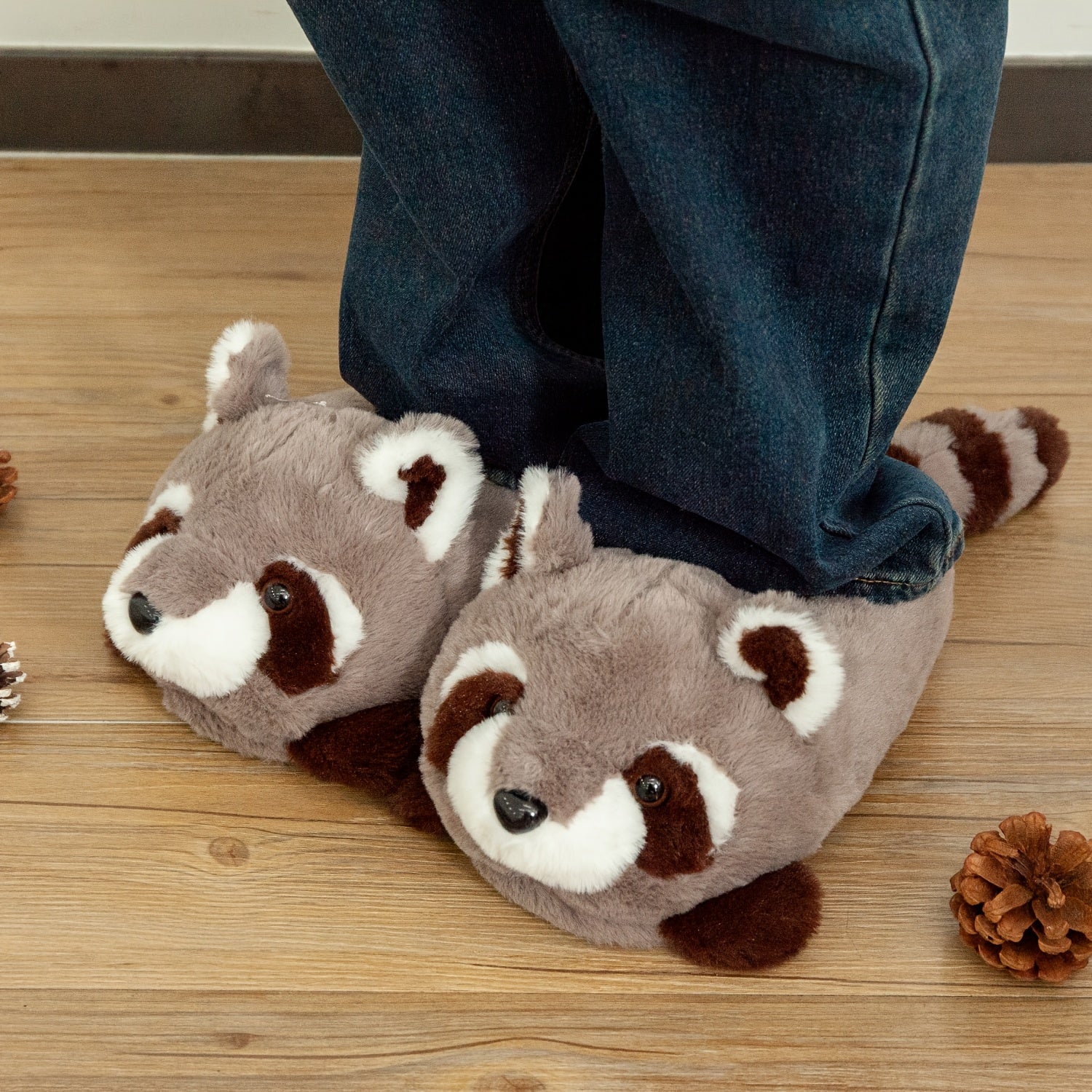 cute stuffed gray raccoon plush indoor slippers comfortable