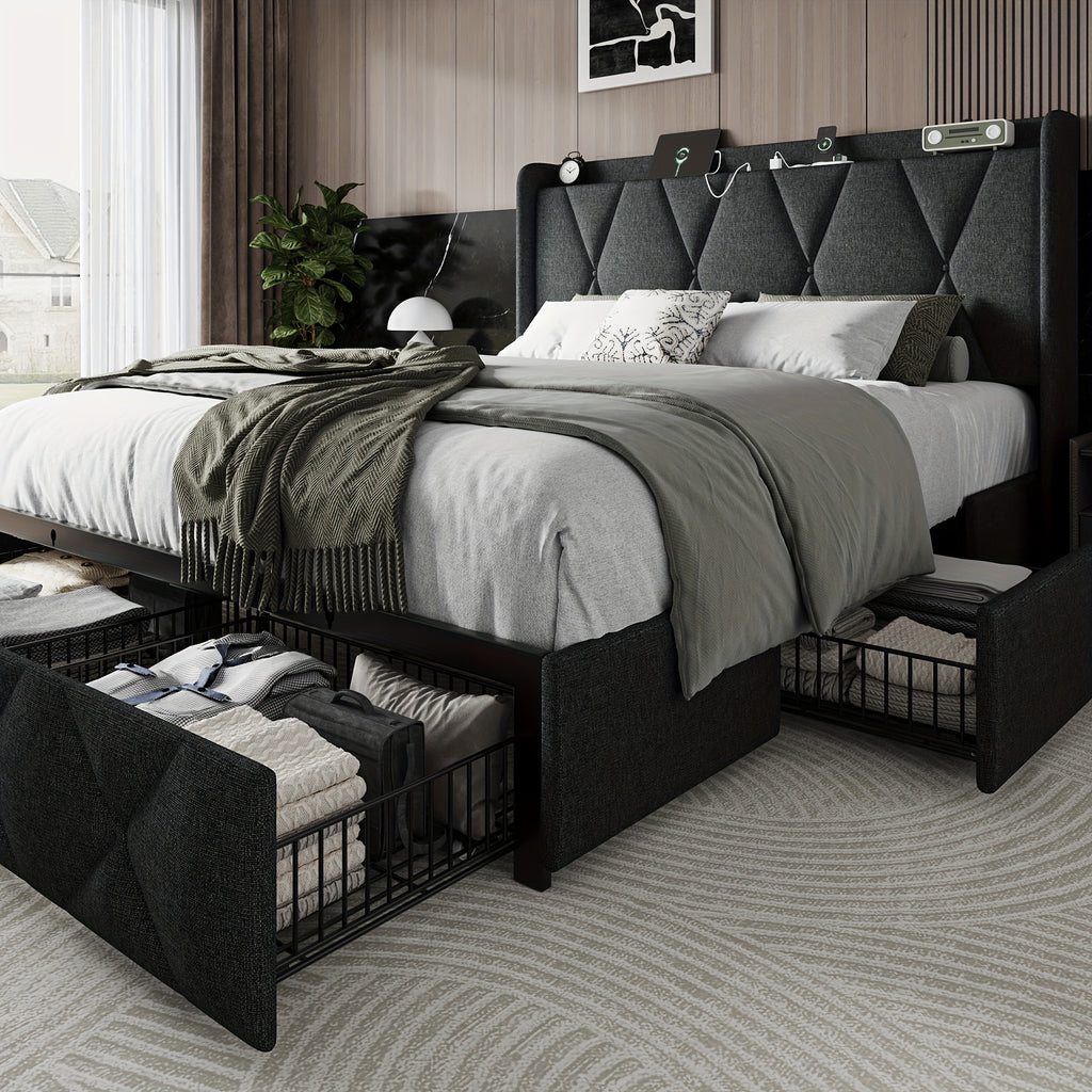 4 drawers storage bed frame wingback headboard