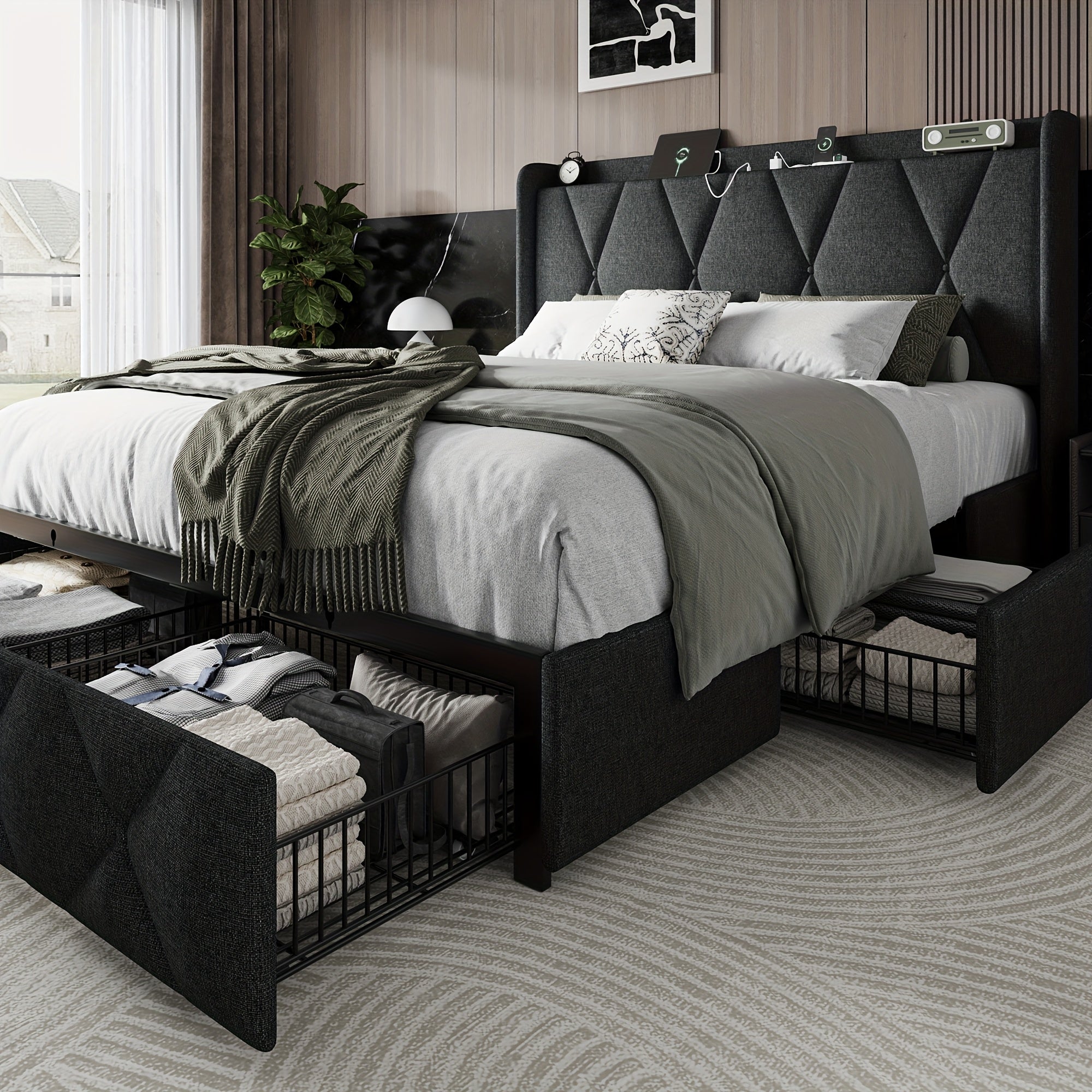 4 drawers storage bed frame wingback headboard