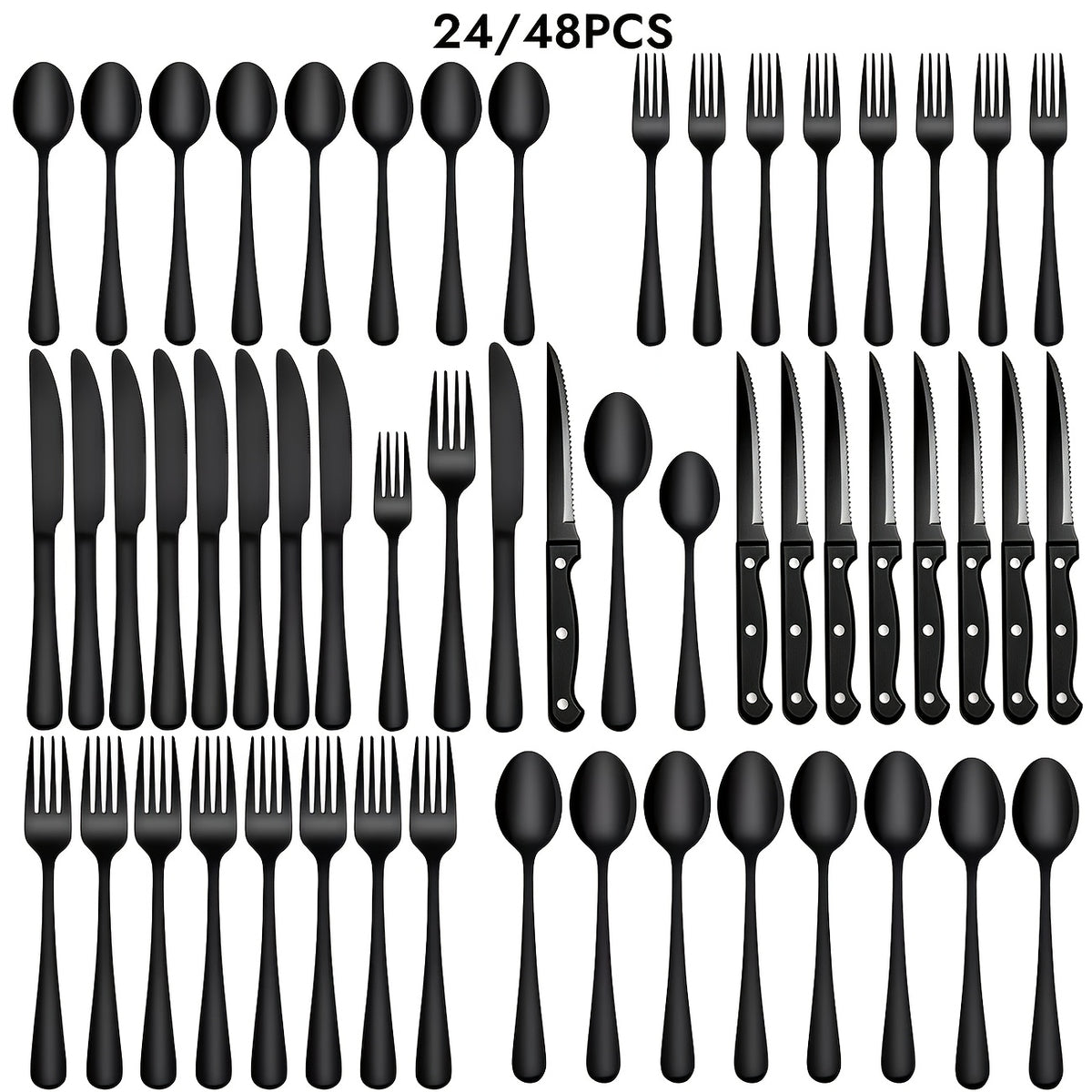 24 48pcs black silverware set steak knives service 4 8