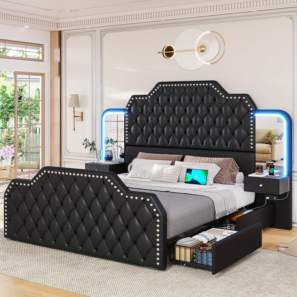 queen size bed frame 2 nightstands mirror modern platform