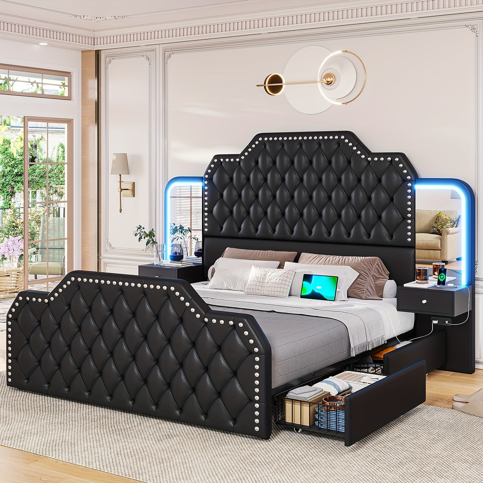 queen size bed frame 2 nightstands mirror modern platform