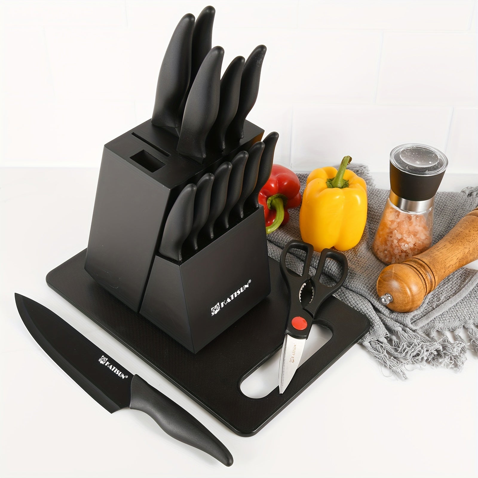 15pcs professional black coded kitchen knife set black