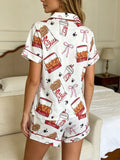 ladies sleepwear set featuring drinks bow print
