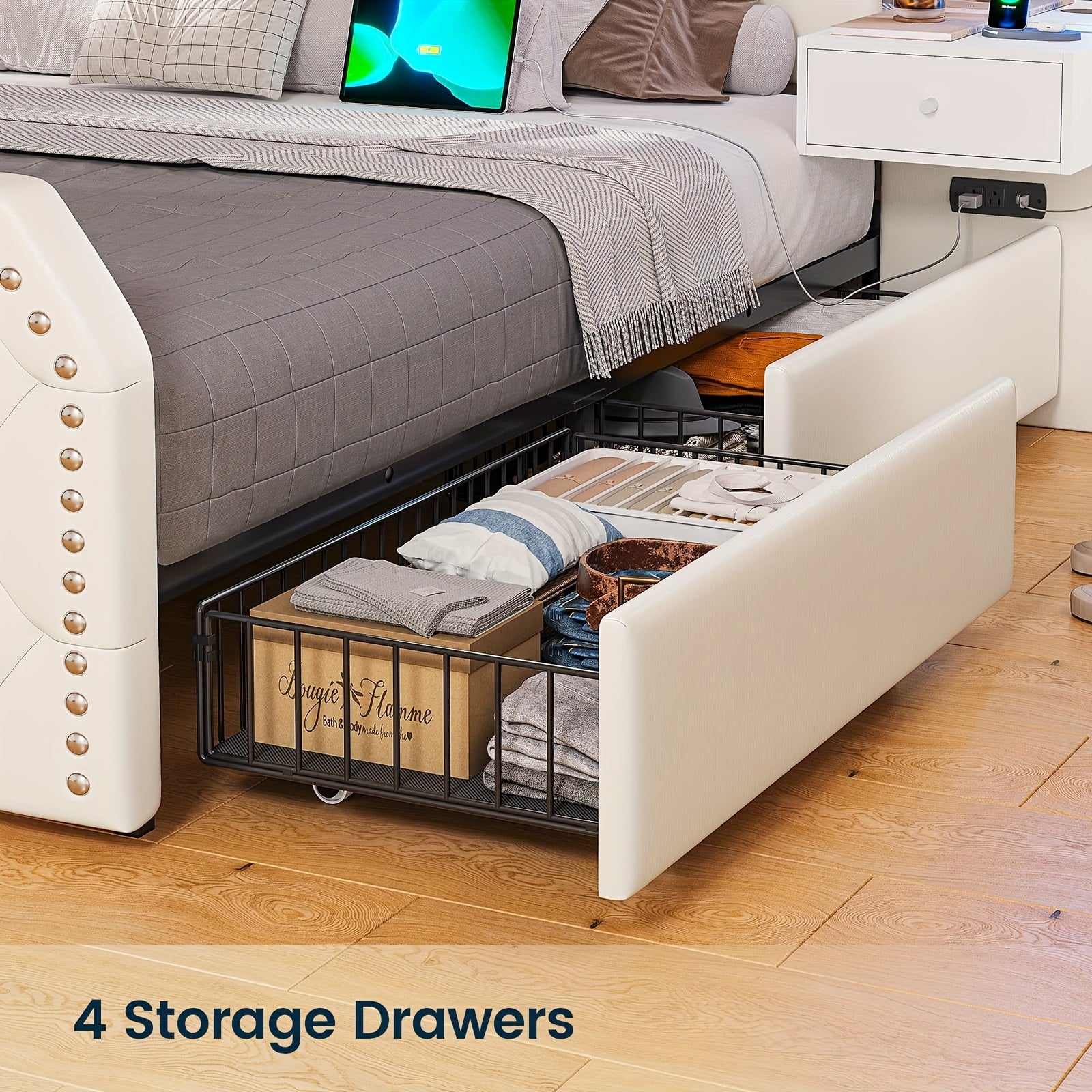 queen size bed frame 2 nightstands mirror modern platform
