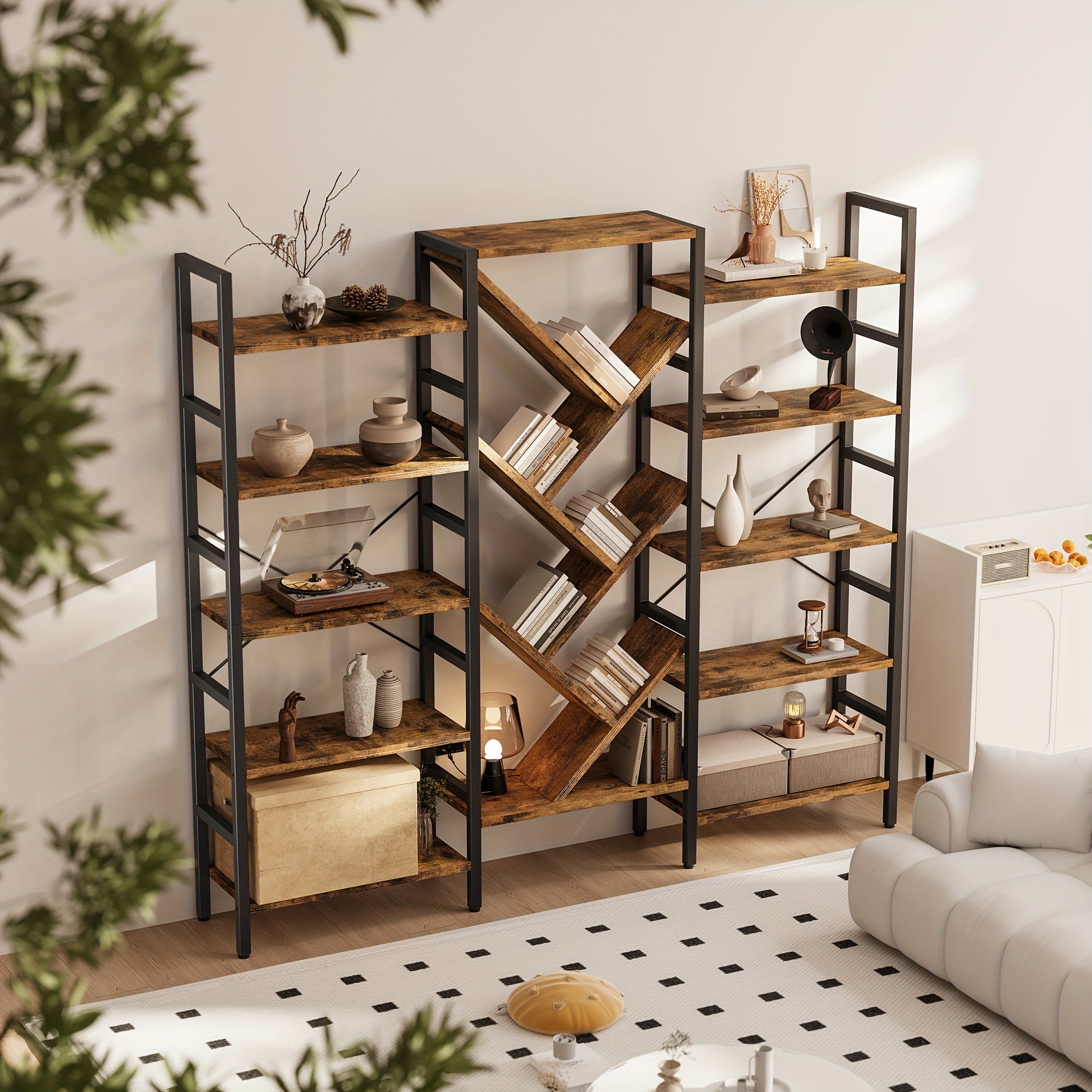 a   wooden bookcase measuring 70 9 x 70 featuring 5