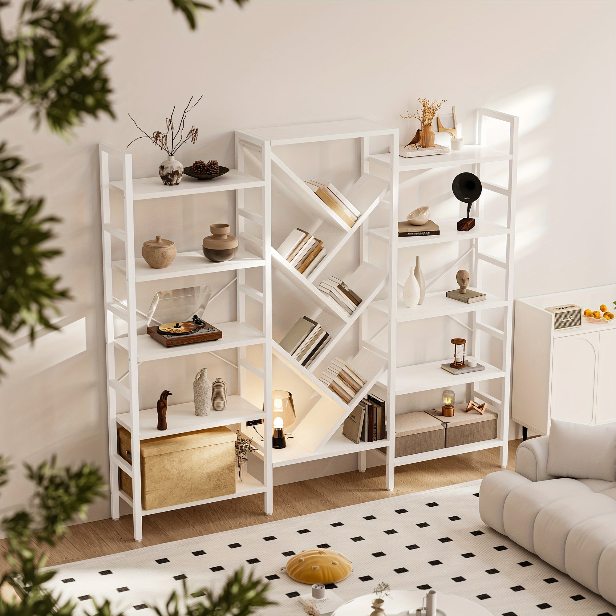 a   wooden bookcase measuring 70 9 x 70 featuring 5