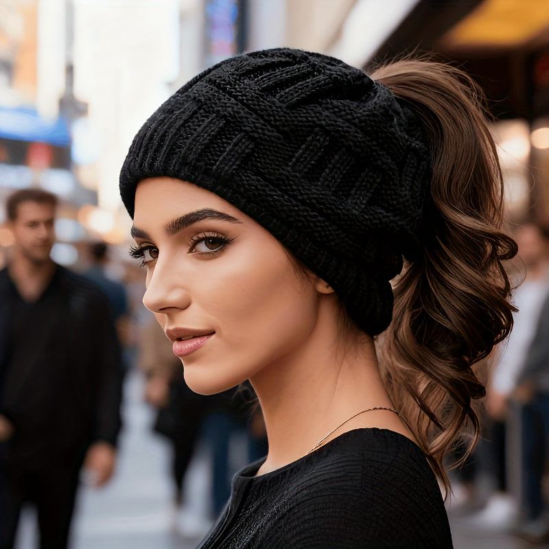 womens ponytail hat stretchy warm ponytail beanie black hat