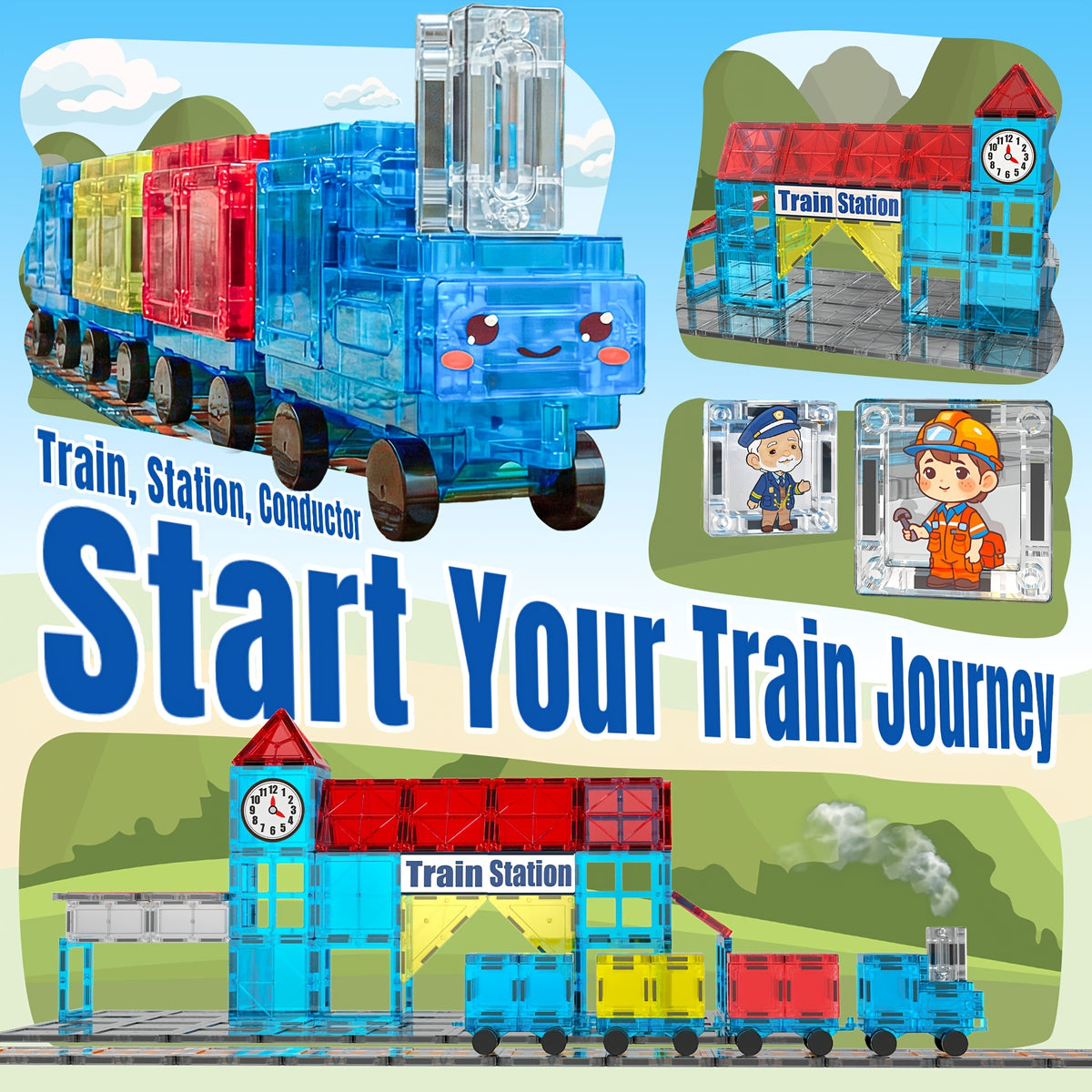 magnetic train station building set 60pcs magnetic tiles