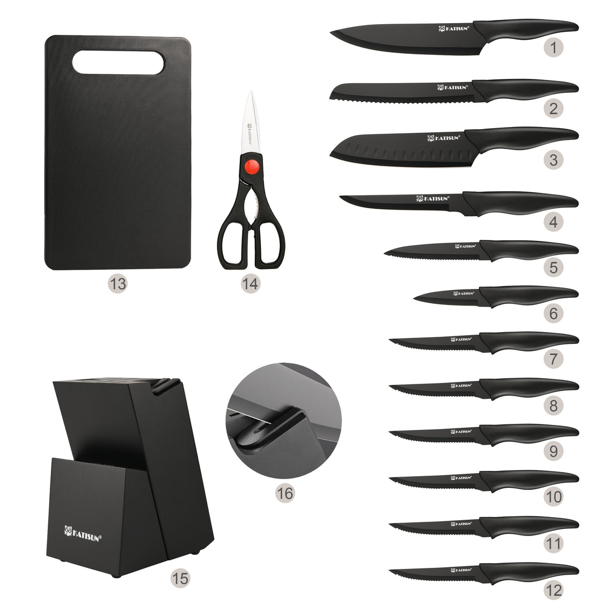 15pcs professional black coded kitchen knife set black