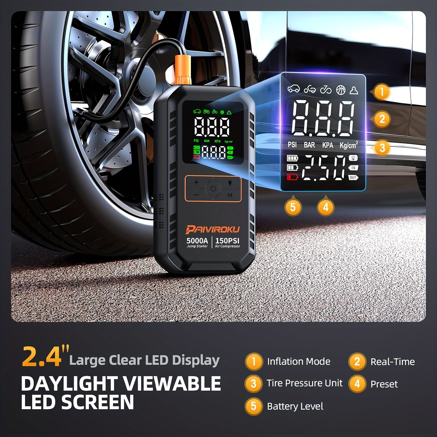 7 in 1 portable jump starter air compressor 150 psi air pump