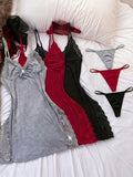 3pcs womens solid color lace nightgowns side slit design