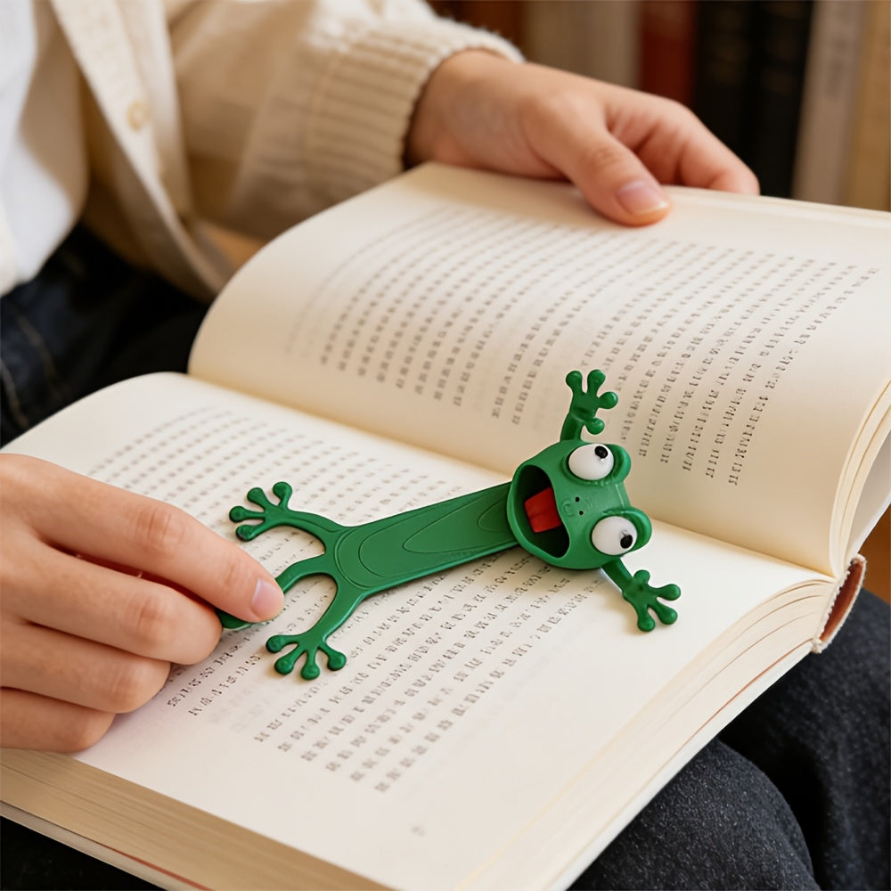 whimsical 3d stereoscopic slouchy frog bookmark reading book