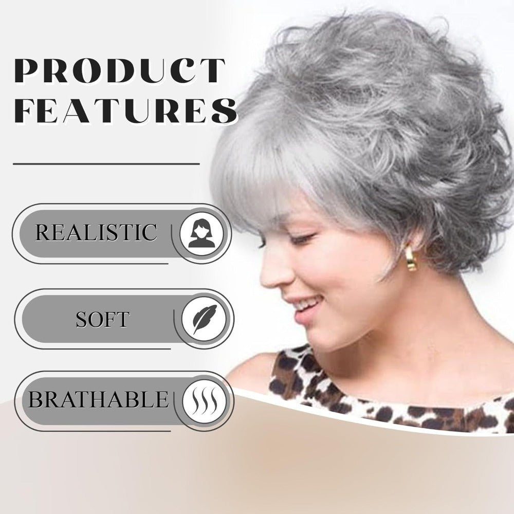 popular silvery gray short wavy wig women featuring a fluffy