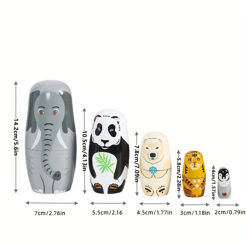 5pcs handmade wooden   nesting dolls elephant panda